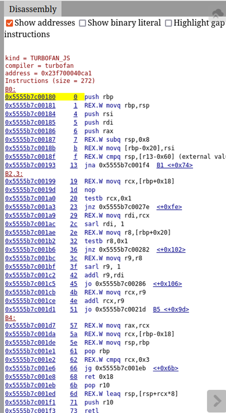 Assembly code of the JITed function.