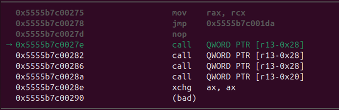 A call instruction in GDB.