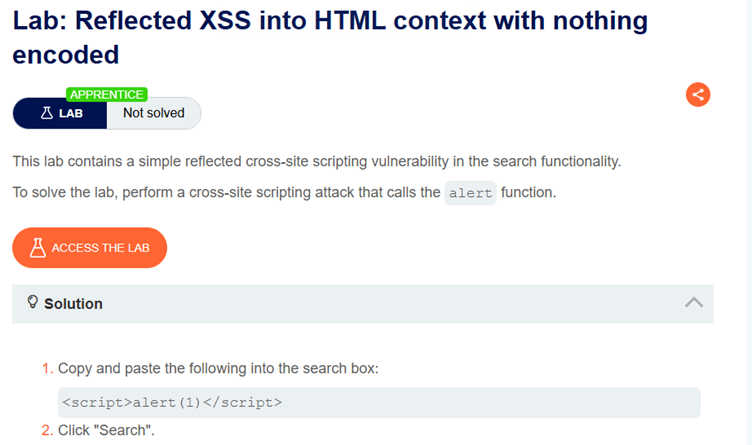 The description of the first XSS challenge in PortSwigger