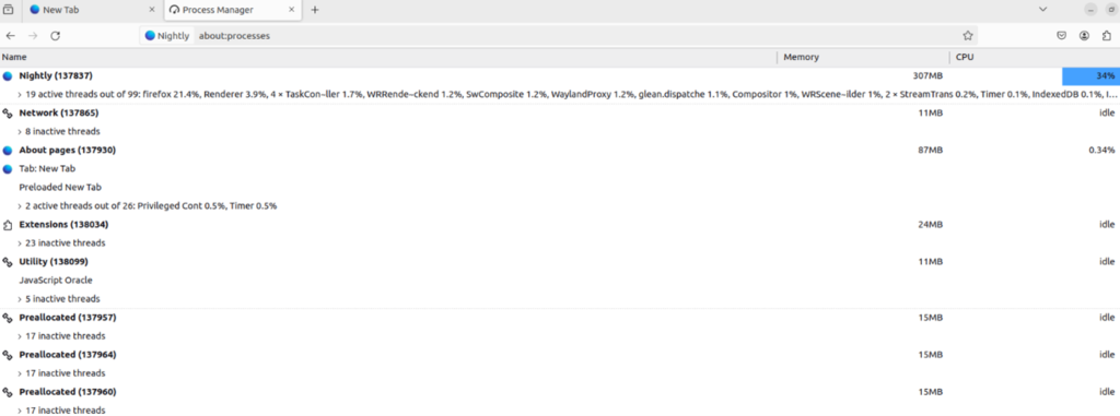 A screenshot of Firefox's "about:processes" page