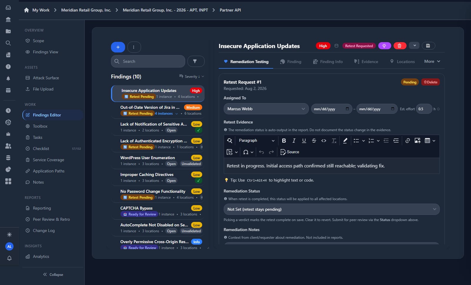 Two-panel findings editor with a findings list showing per-finding instance and location counts and retest pending and ready for review badges, beside an open retest request with assignee, estimated effort and remediation evidence