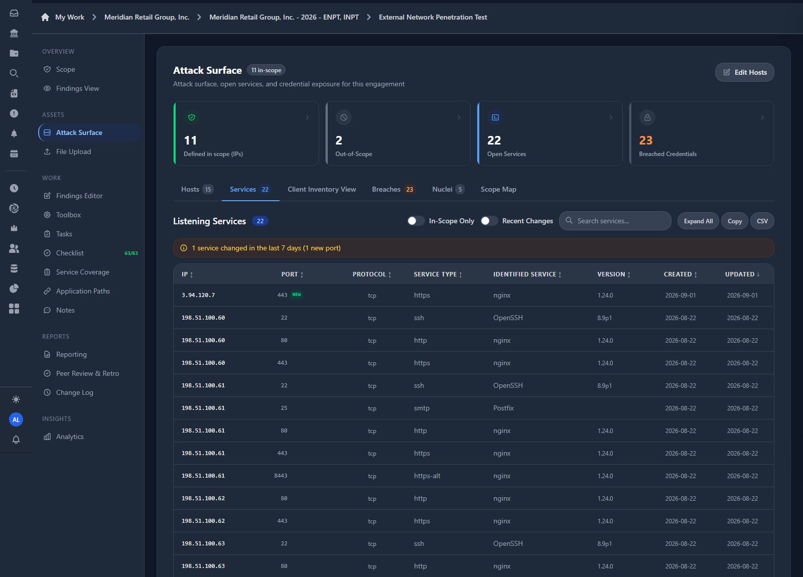 Listening services table with a banner reading one service changed in the last 7 days, one new port, and a NEW badge against port 443 on a newly responsive host