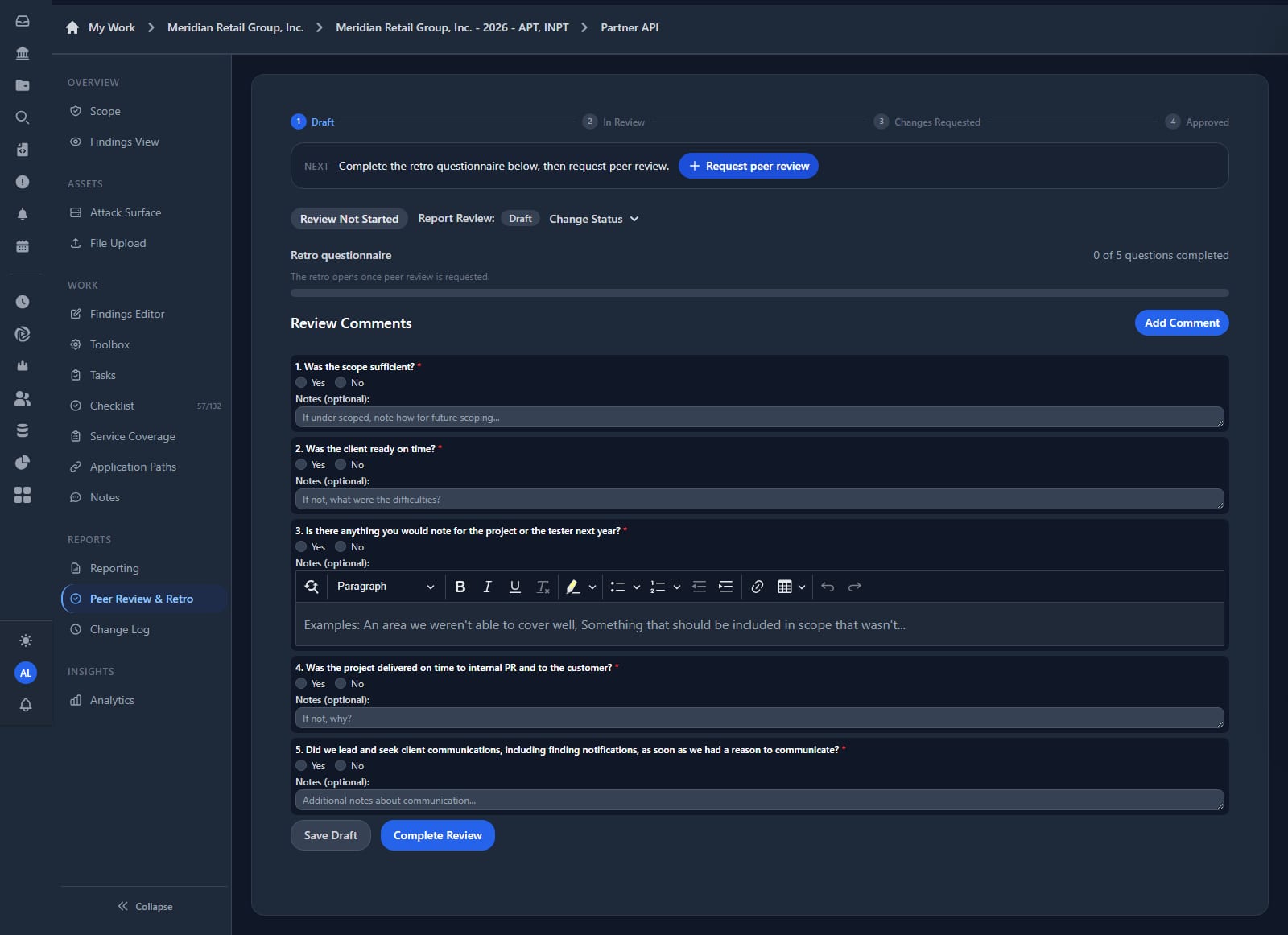 Peer review page with a four-step progress bar from draft to in review to changes requested to approved, a request peer review button, and a five-question delivery retro covering scope, client readiness, notes for next year, on-time delivery and communication