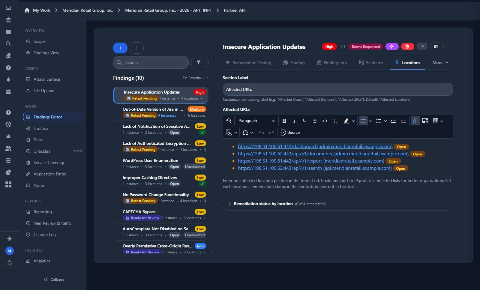Locations tab of a finding listing four affected URLs, each with its own open remediation status, and a collapsed panel reading remediation status by location, zero of four remediated