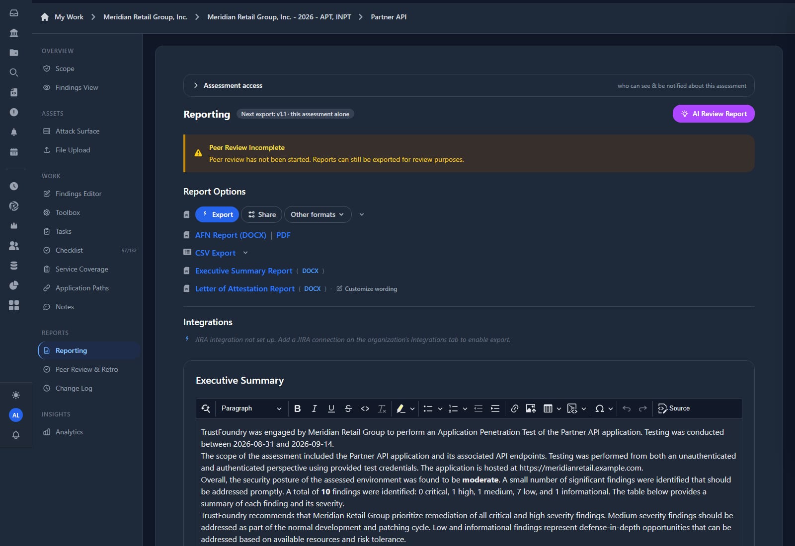 Reporting tab with an AI review report button, a peer review incomplete warning banner, and export options for the full report in DOCX and PDF, CSV, executive summary and letter of attestation with customizable wording