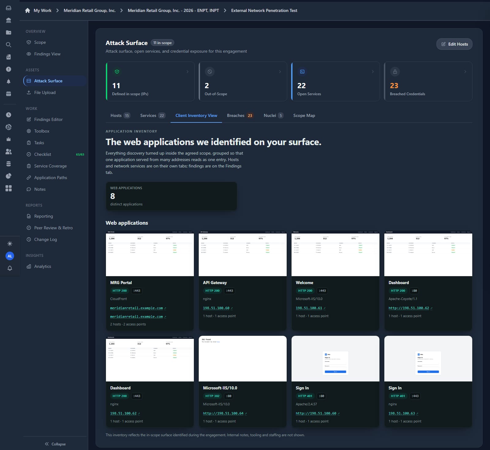 Web application inventory collapsing many hosts and ports into eight distinct applications, each with an httpx screenshot, HTTP status, port, server banner and access points