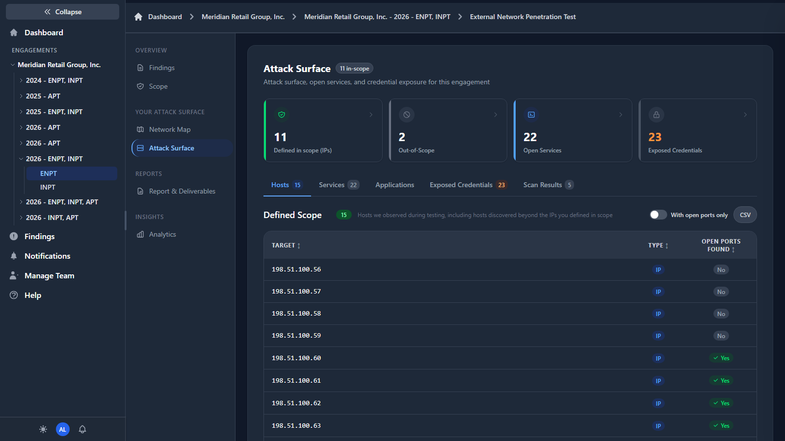 Attack surface view listing resolved hostnames and IP addresses with their open ports and detected services
