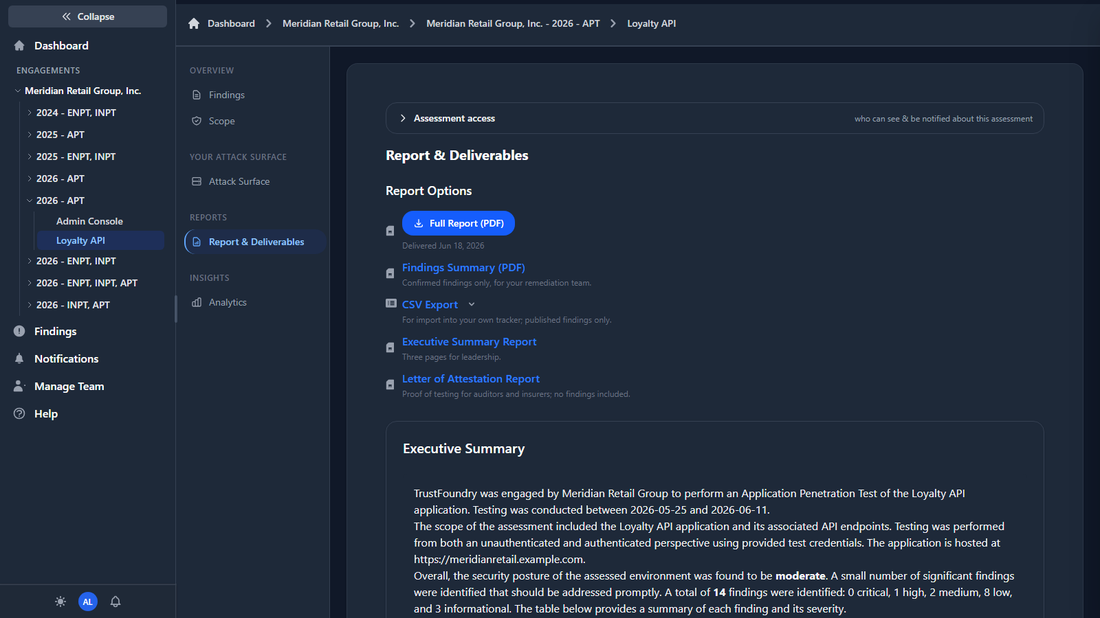 Report and deliverables tab showing downloadable findings summary, full report, executive summary and letter of attestation