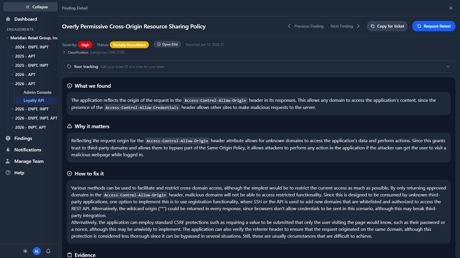 Finding detail view with description, impact, reproduction steps, CVSS score, affected locations and the client ticket reference field