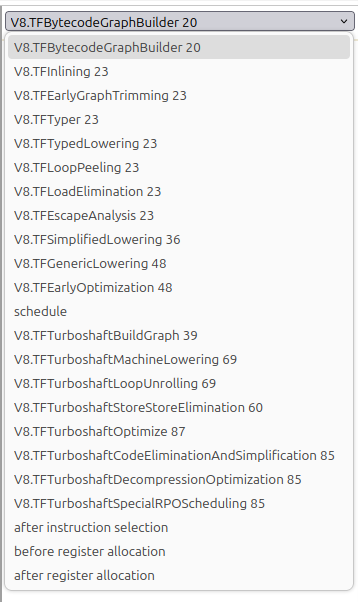 A drop-down menu showing various TurboFan IR phases. 