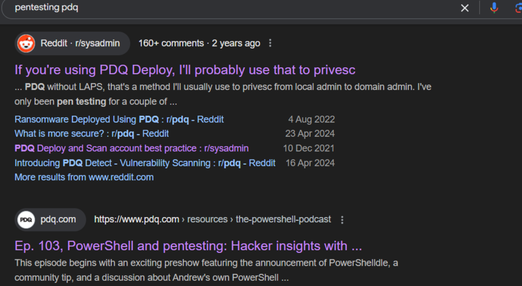Google search results for Pentesting PDQ