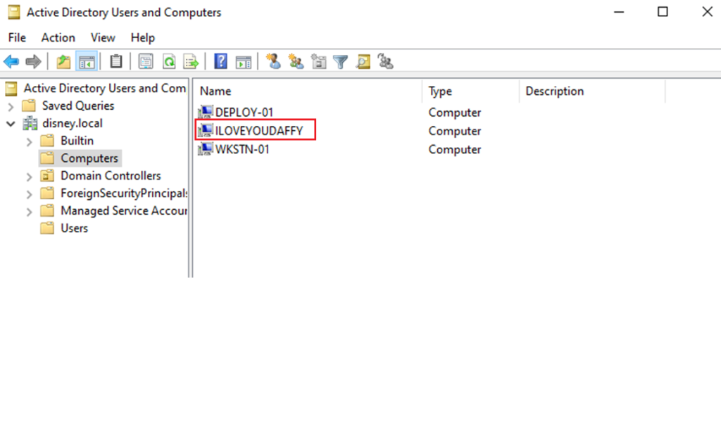 The ILOVEYOUDAFFY computer was added to the domain