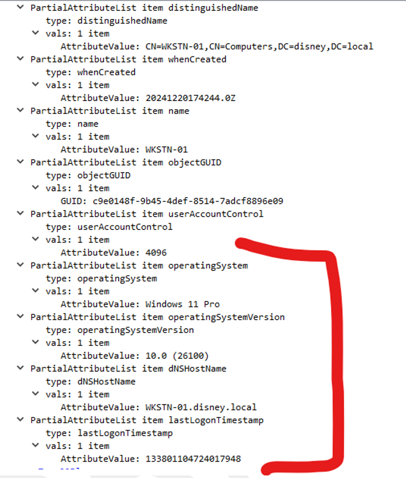 The LDAPMessage for a legitimate computer being identified