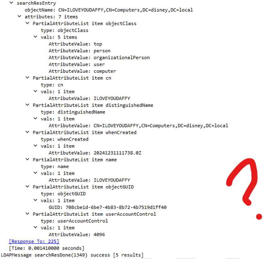 The LDAPMessage for a computer added by Impacket being identified