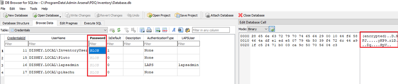 A view of the encrypted database in Inventory