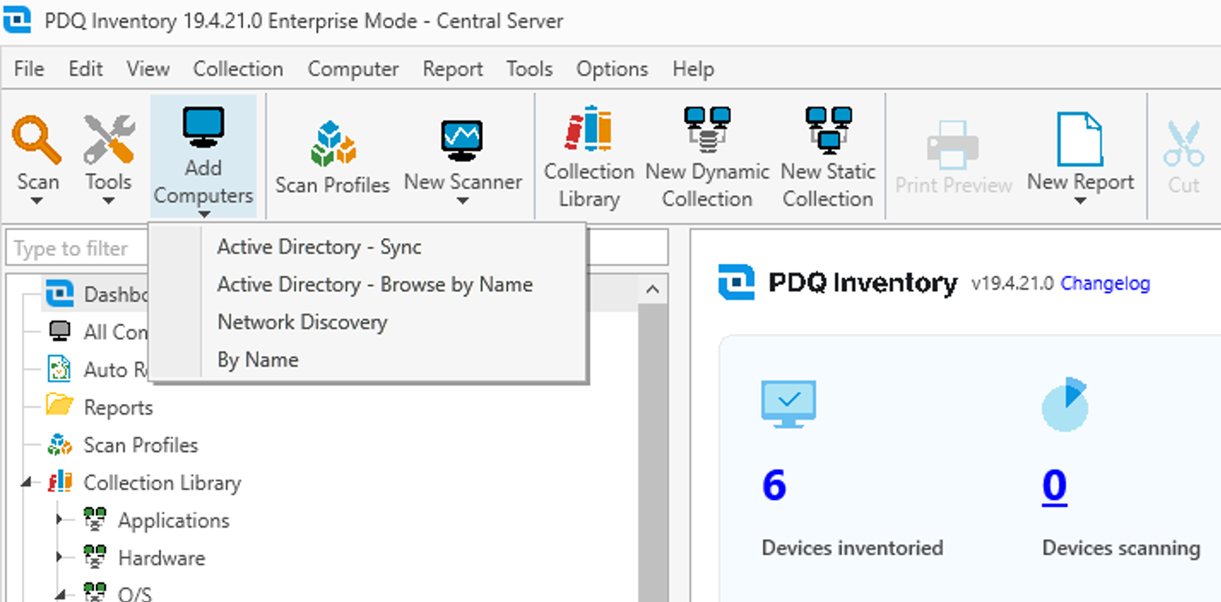 The options for adding computers to PDQ Inventory